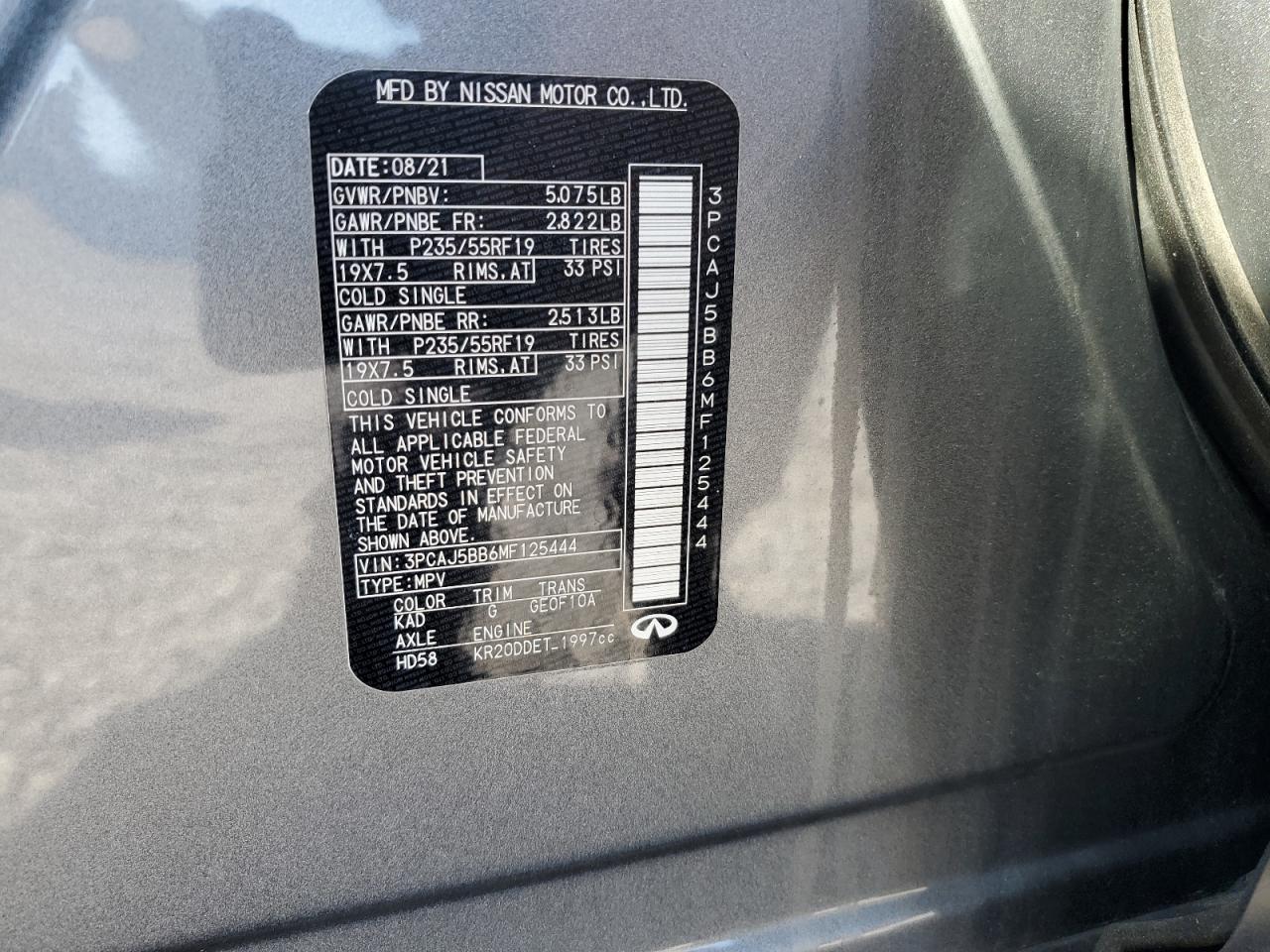 2021 Infiniti Qx50 Luxe VIN: 3PCAJ5BB6MF125444 Lot: 90997955