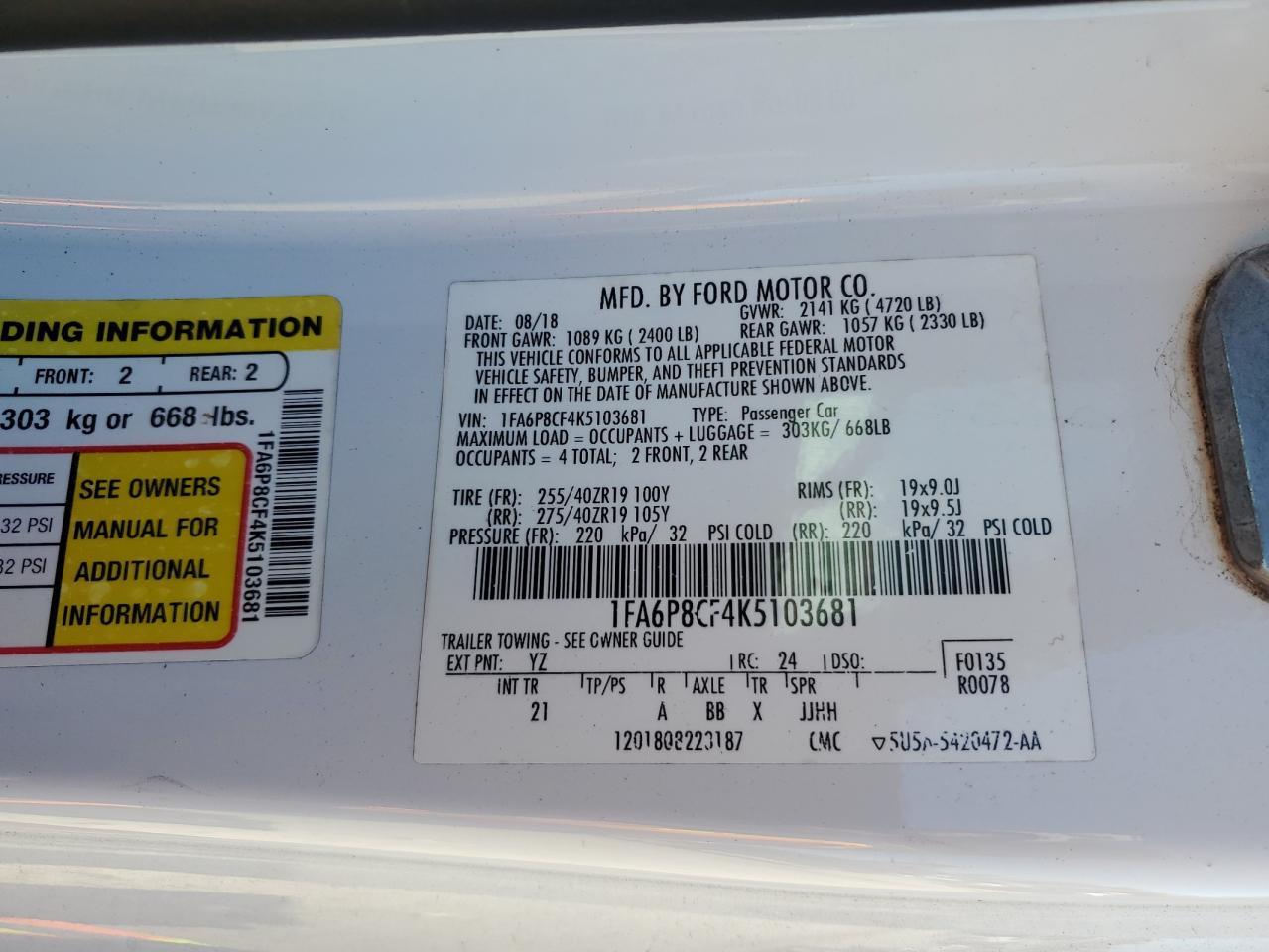 2019 Ford Mustang Gt VIN: 1FA6P8CF4K5103681 Lot: 92417025