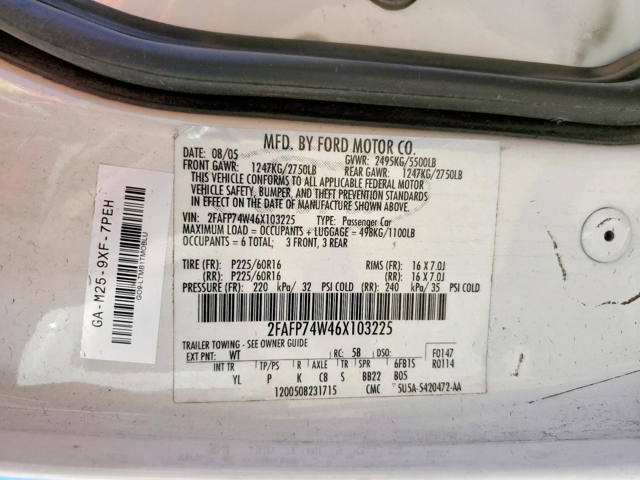 2006 Ford Crown Victoria Lx VIN: 2FAFP74W46X103225 Lot: 91588355