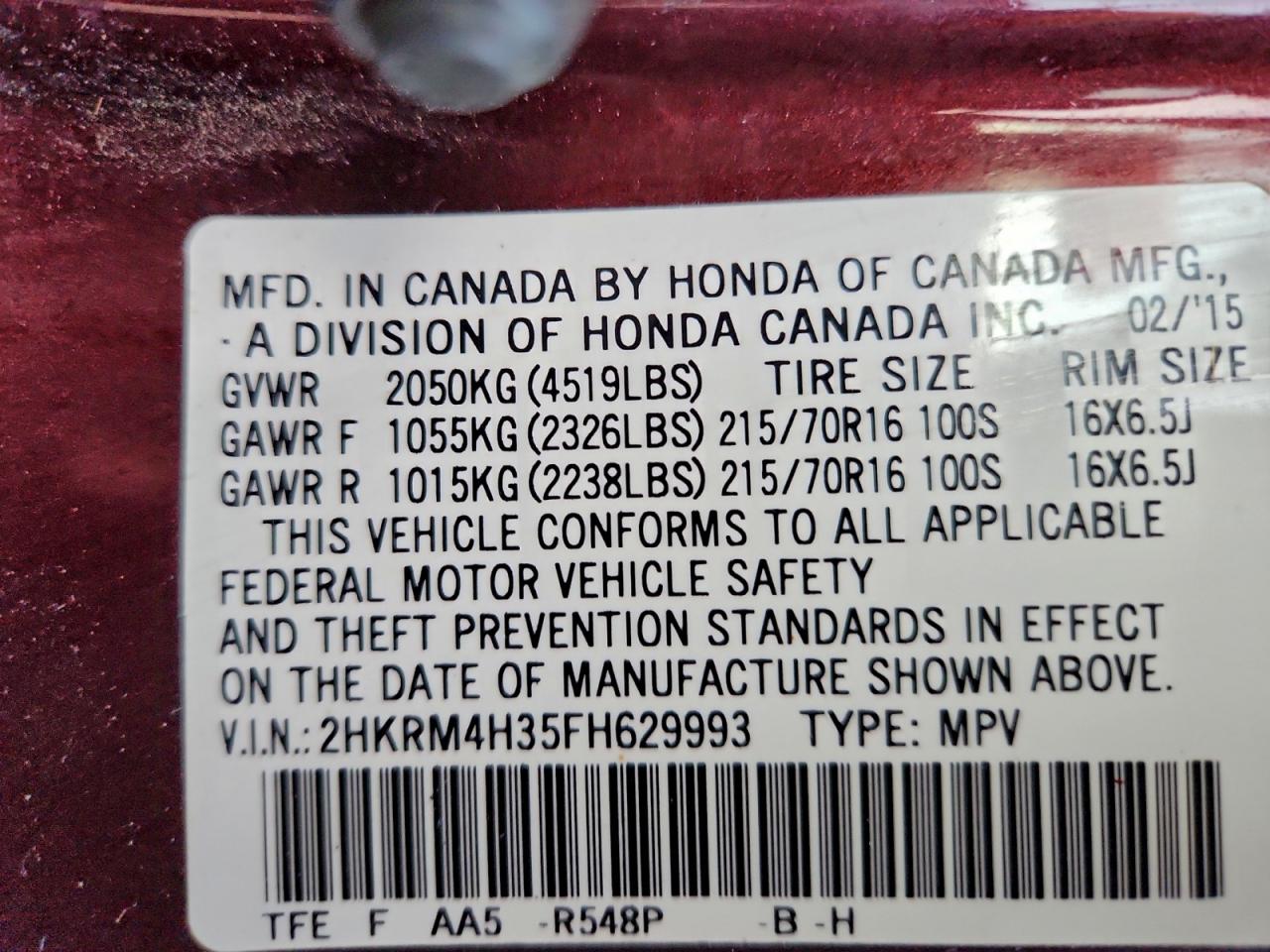 2015 Honda Cr-V Lx VIN: 2HKRM4H35FH629993 Lot: 94340685