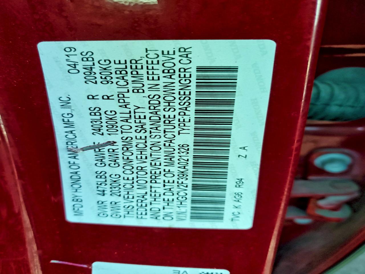 2019 Honda Accord Sport VIN: 1HGCV2F39KA021326 Lot: 94116075