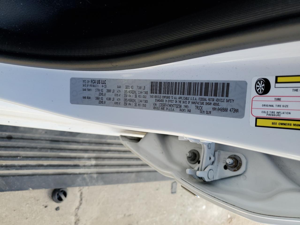 2019 Ram 1500 Limited VIN: 1C6SRFHT4KN773230 Lot: 91802285