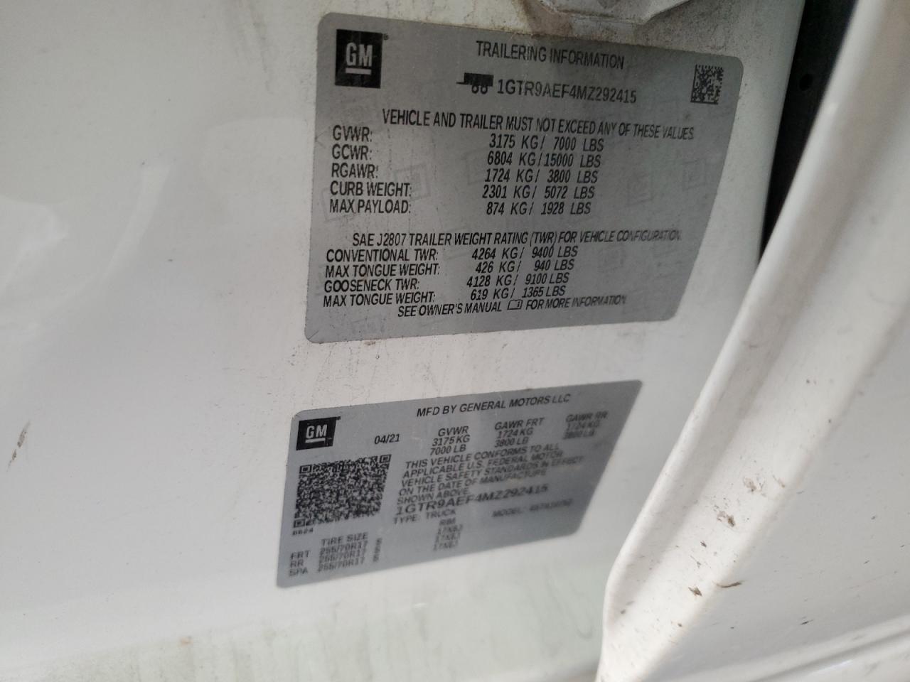 2021 GMC Sierra K1500 VIN: 1GTR9AEF4MZ292415 Lot: 92424935