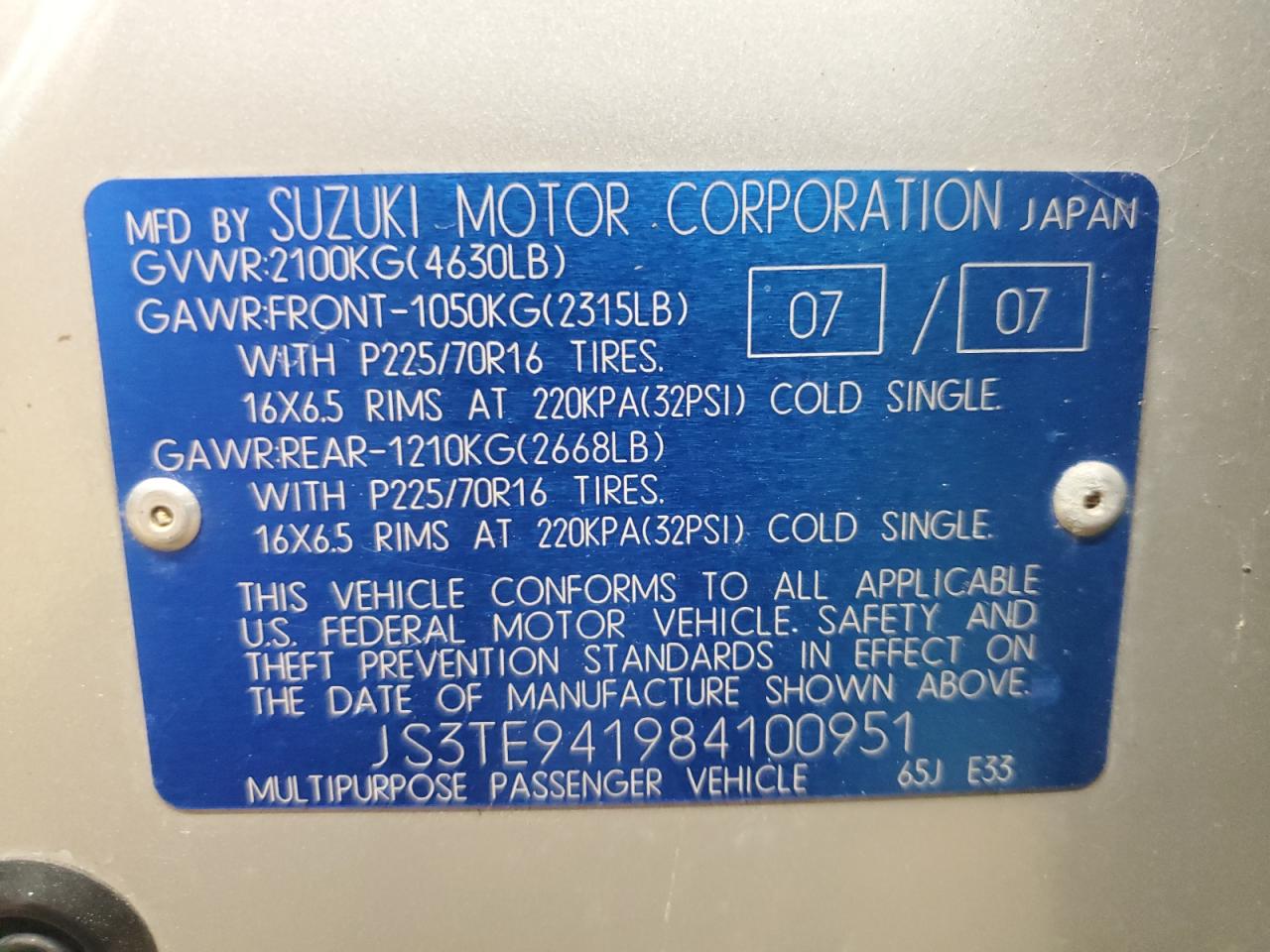 2008 Suzuki Grand Vitara VIN: JS3TE941984100951 Lot: 92061785