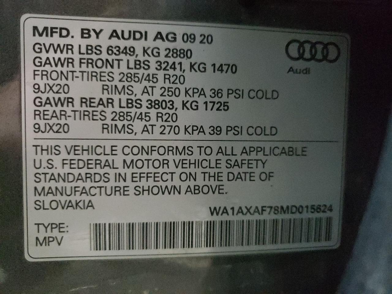 2021 Audi Q7 Premium VIN: WA1AXAF78MD015624 Lot: 90134755