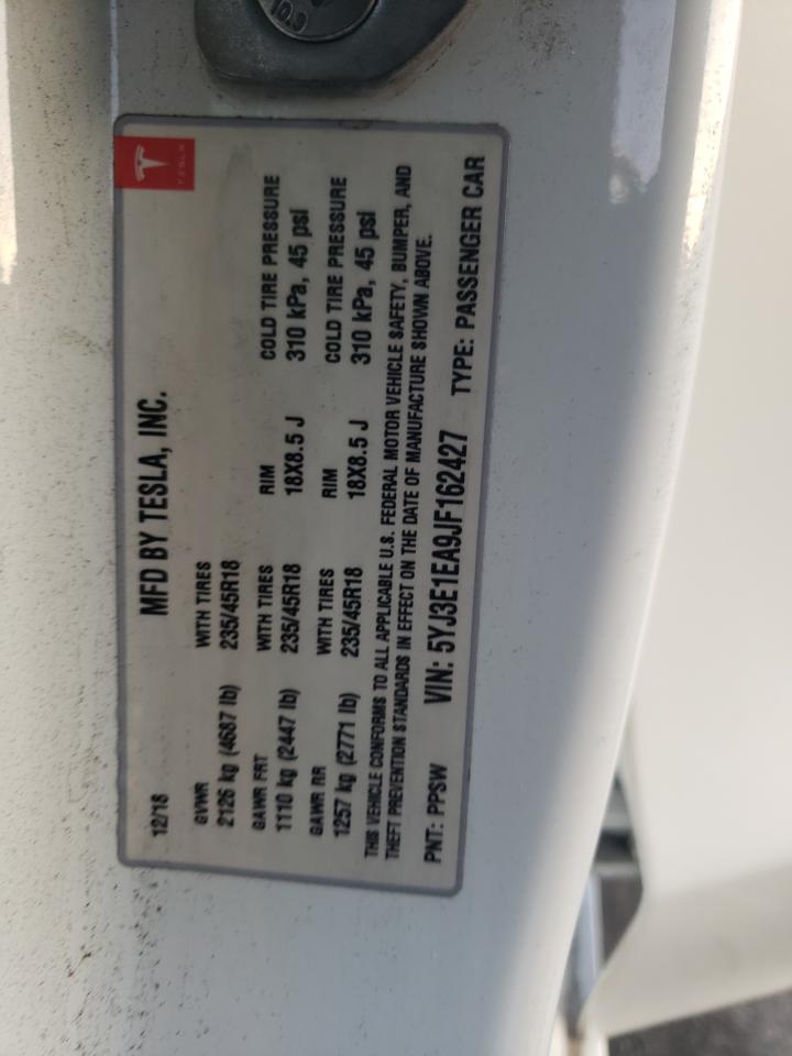 2018 Tesla Model 3 VIN: 5YJ3E1EA9JF162427 Lot: 91595615