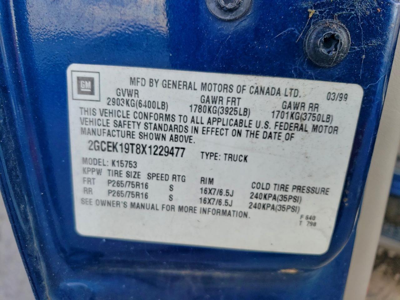 1999 Chevrolet Silverado K1500 VIN: 2GCEK19T8X1229477 Lot: 94104555