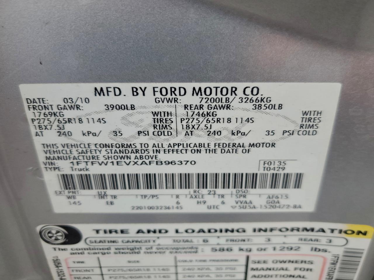 2010 Ford F150 Supercrew VIN: 1FTFW1EVXAFB96370 Lot: 93006415