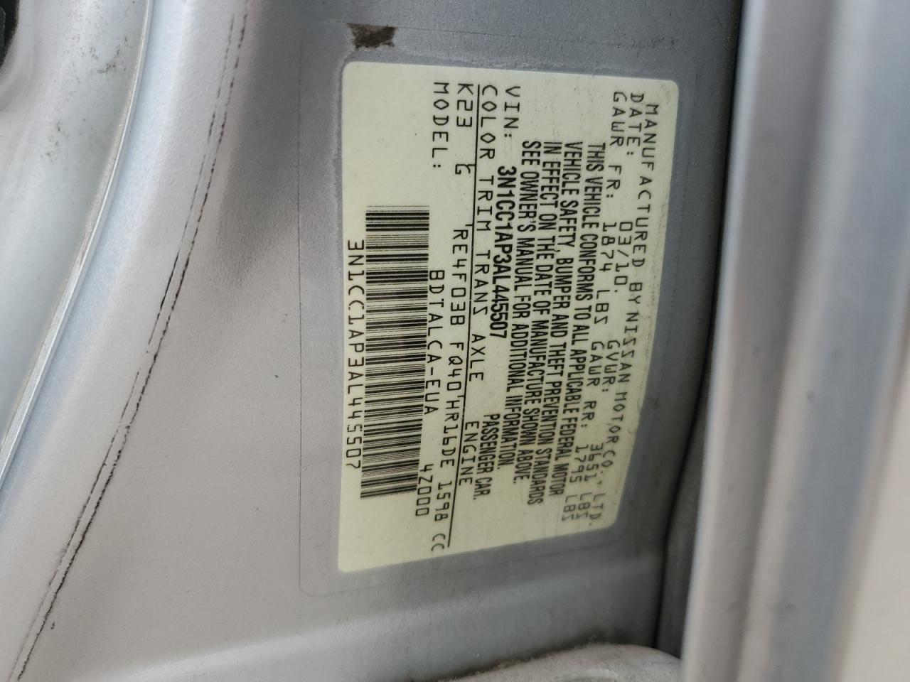 2010 Nissan Versa S VIN: 3N1CC1AP3AL445507 Lot: 91768355