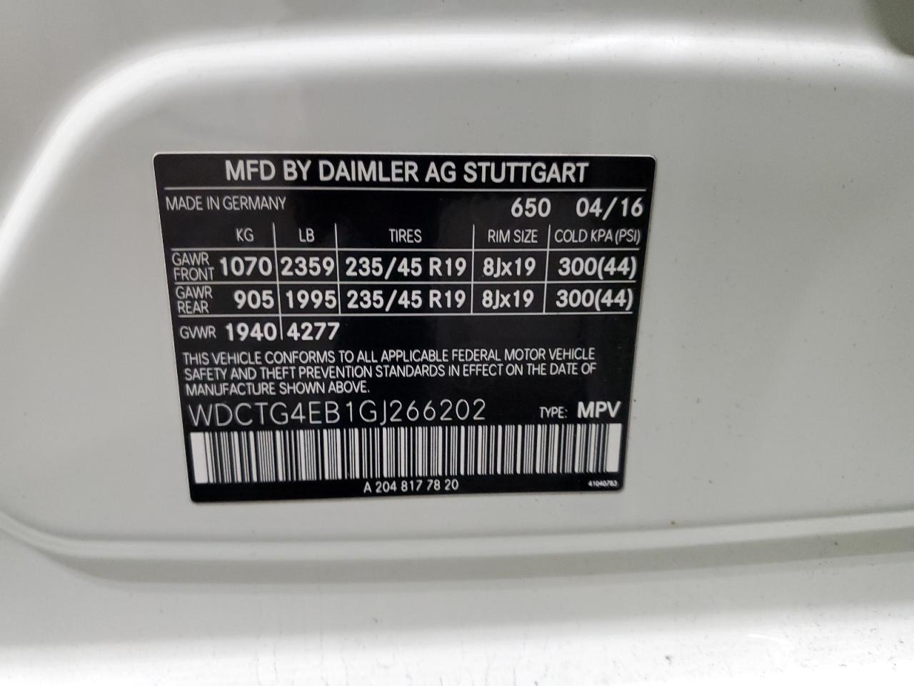 2016 Mercedes-Benz Gla 250 VIN: WDCTG4EB1GJ266202 Lot: 91970215