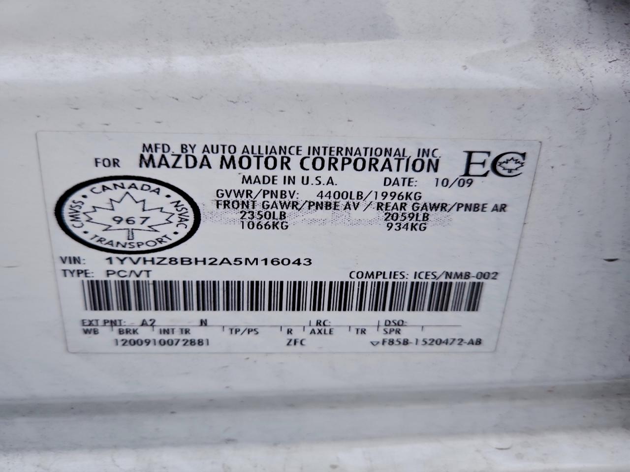 2010 Mazda 6 I VIN: 1YVHZ8BH2A5M16043 Lot: 93070685