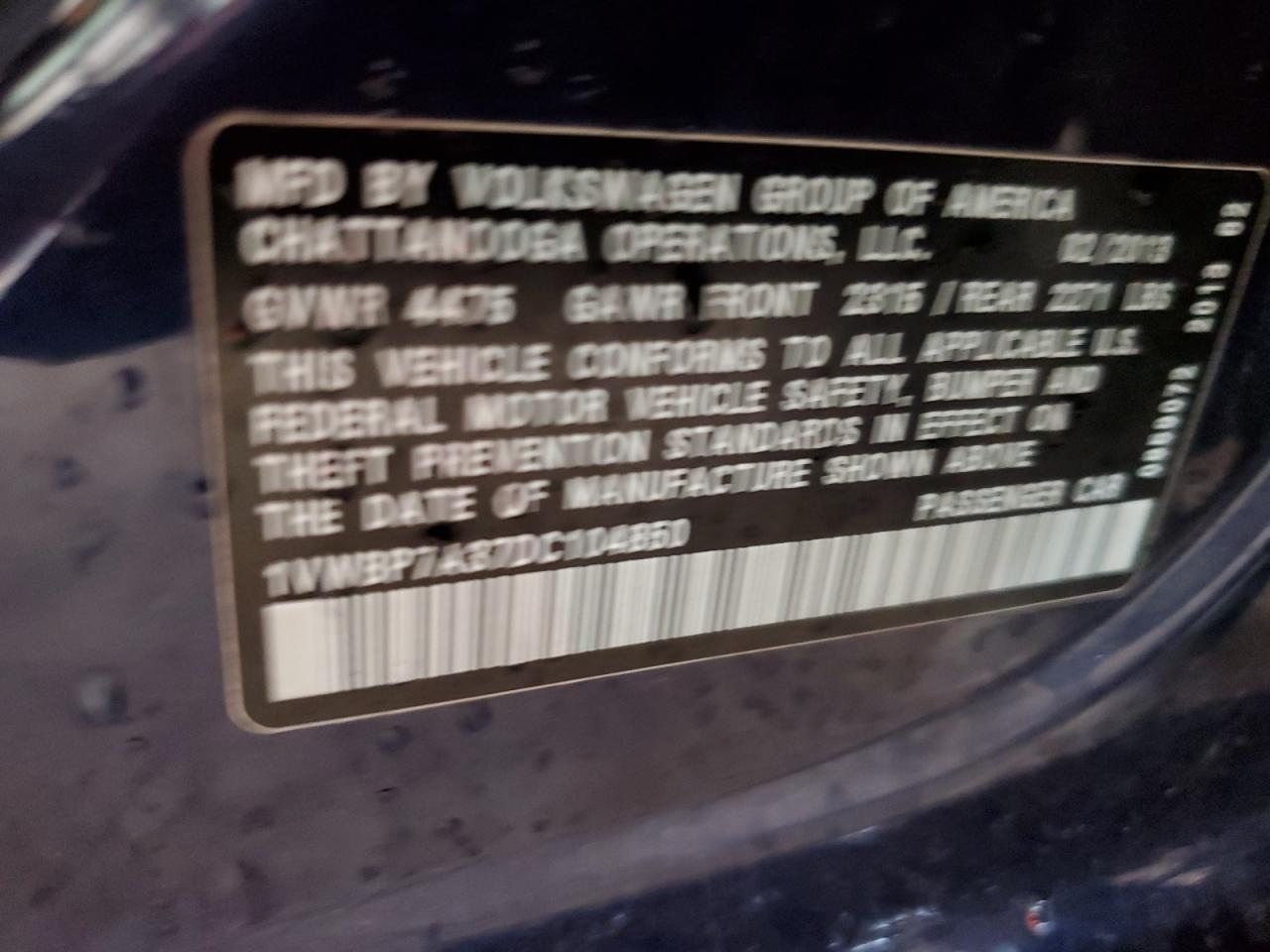 2013 Volkswagen Passat Se VIN: 1VWBP7A37DC104850 Lot: 93647565