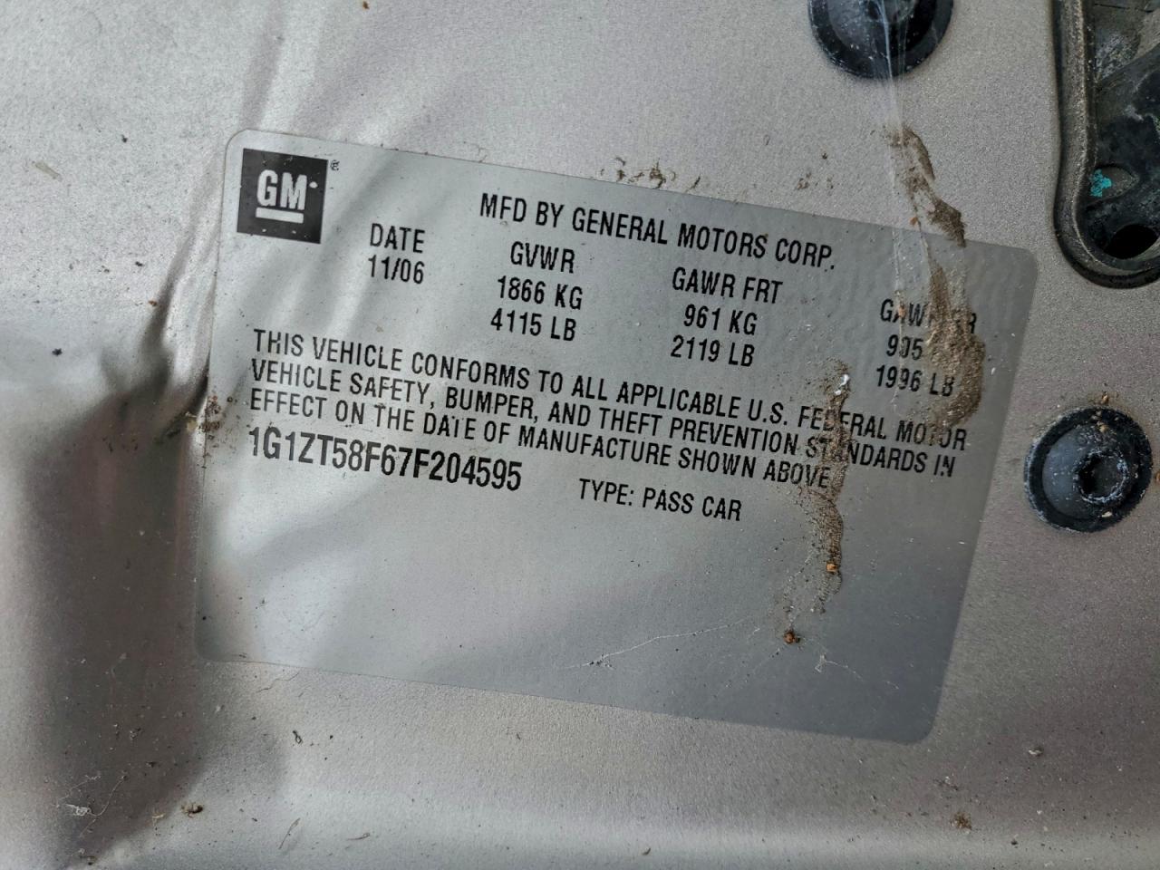 2007 Chevrolet Malibu Lt VIN: 1G1ZT58F67F204595 Lot: 94561735