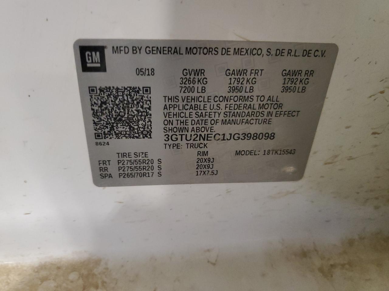 2018 GMC Sierra K1500 Slt VIN: 3GTU2NEC1JG398098 Lot: 93229555