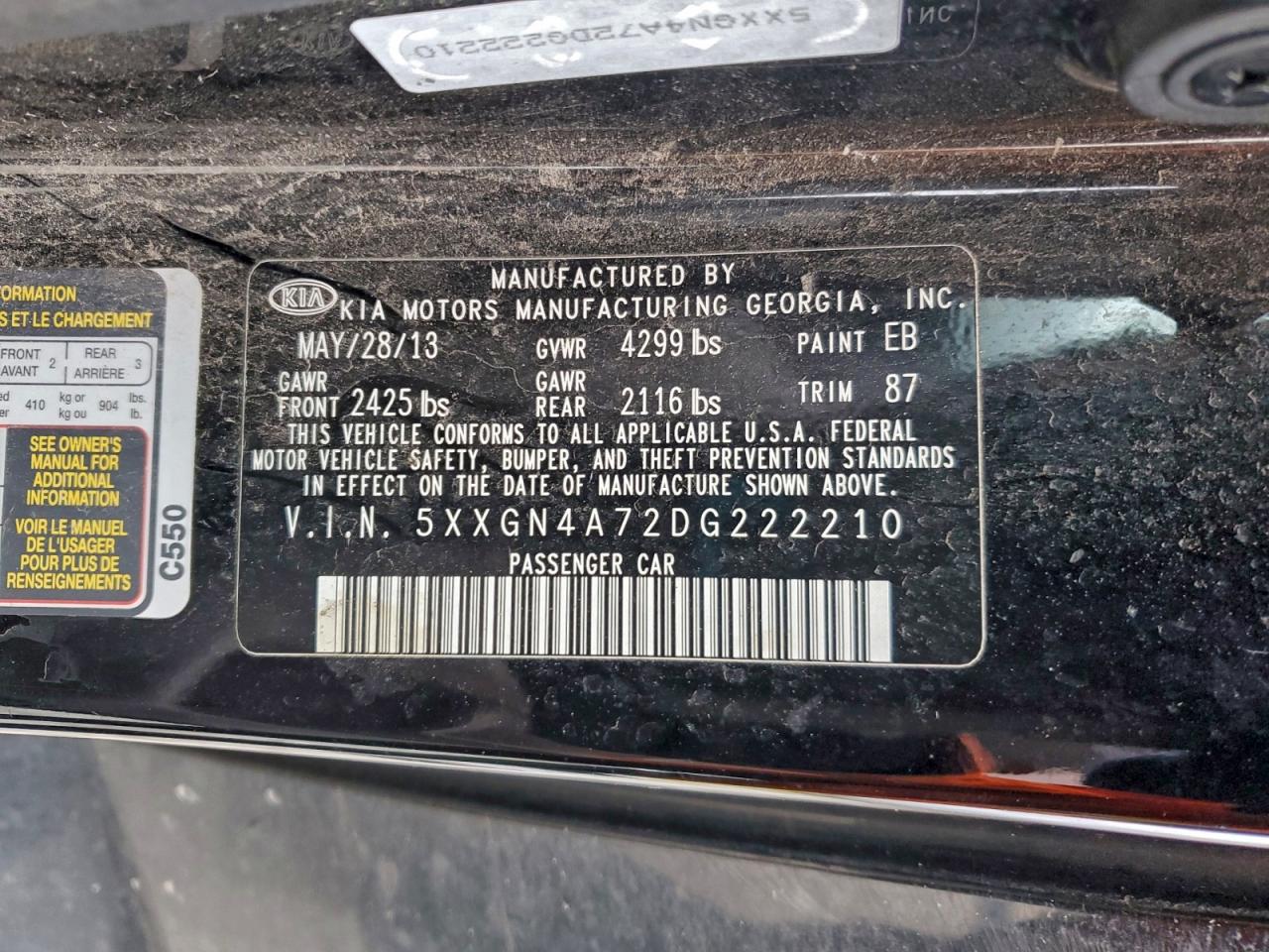 2013 Kia Optima Ex VIN: 5XXGN4A72DG222210 Lot: 91409175