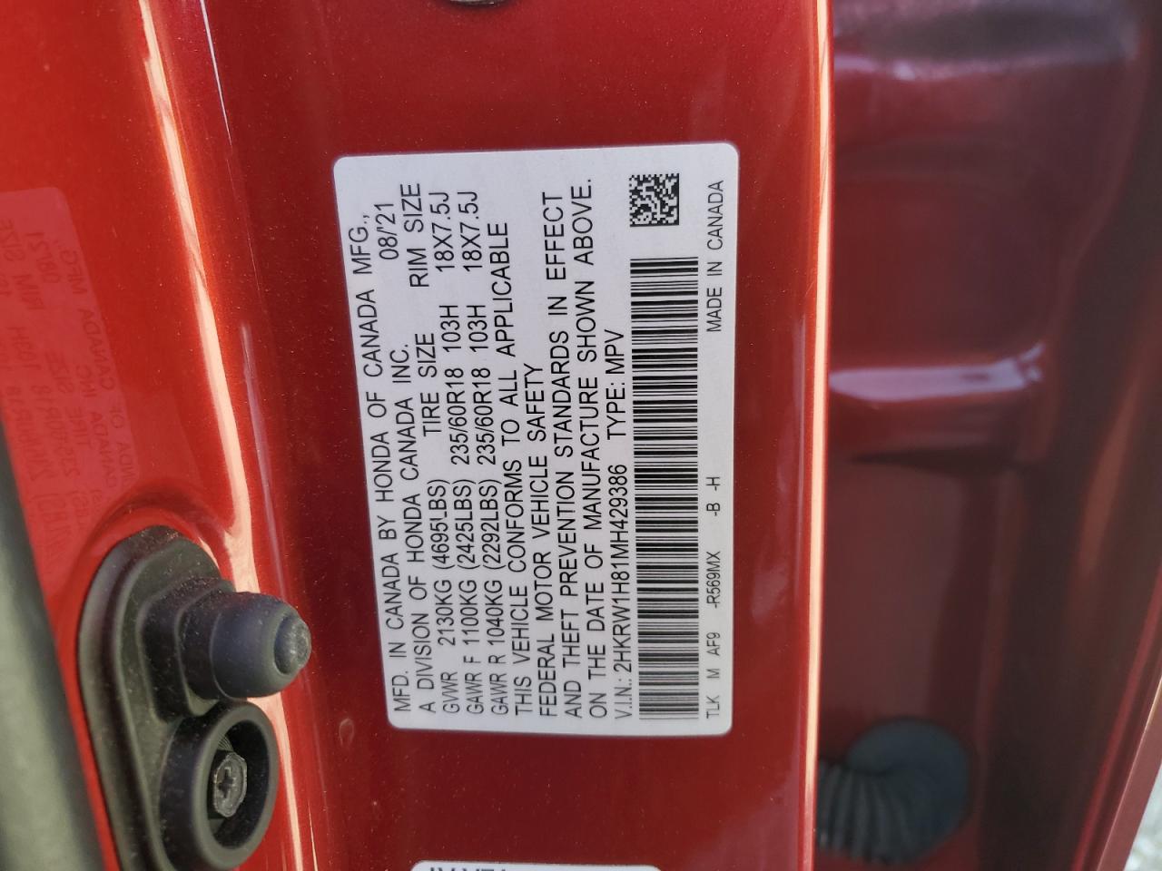 2021 Honda Cr-V Exl VIN: 2HKRW1H81MH429386 Lot: 92299475