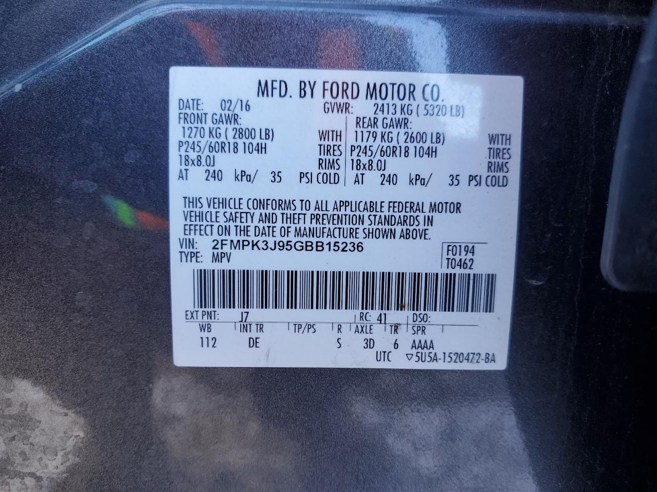 2016 Ford Edge Sel VIN: 2FMPK3J95GBB15236 Lot: 92092025