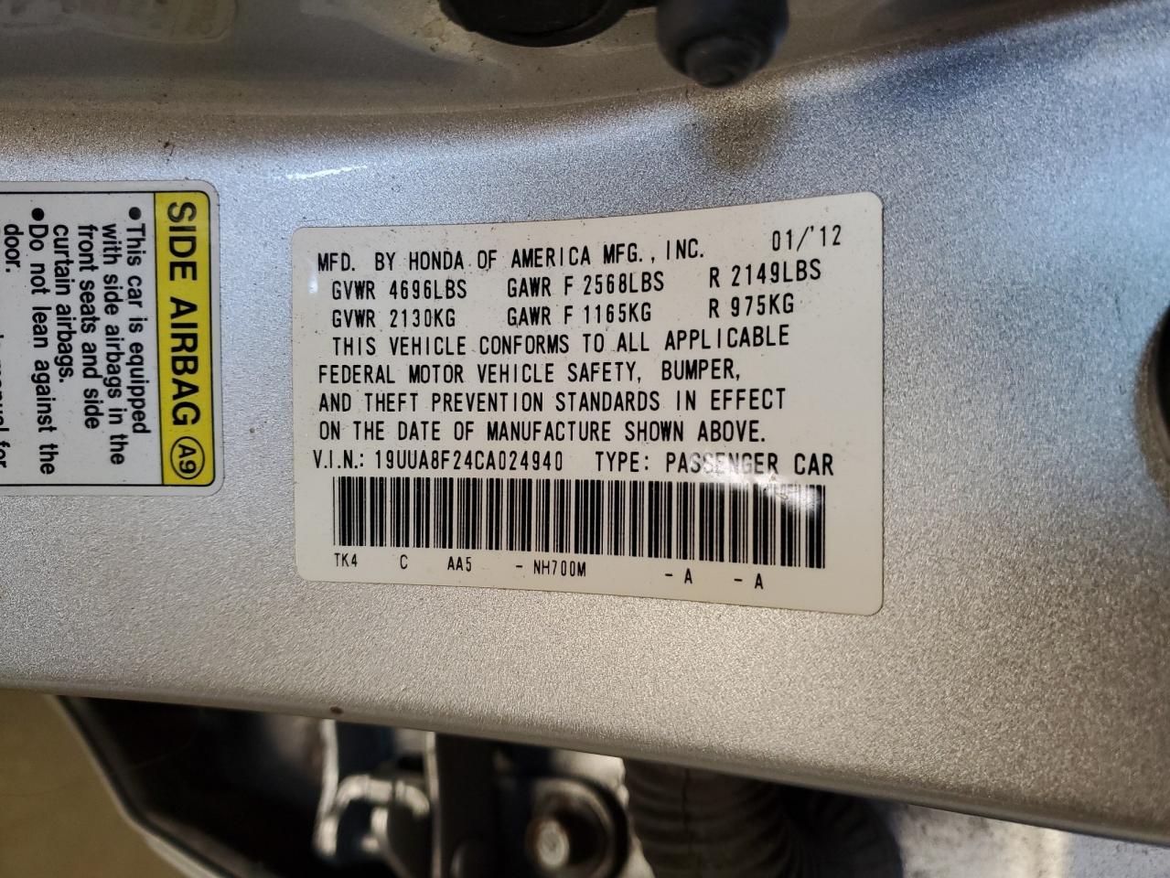 2012 Acura Tl VIN: 19UUA8F24CA024940 Lot: 92012255