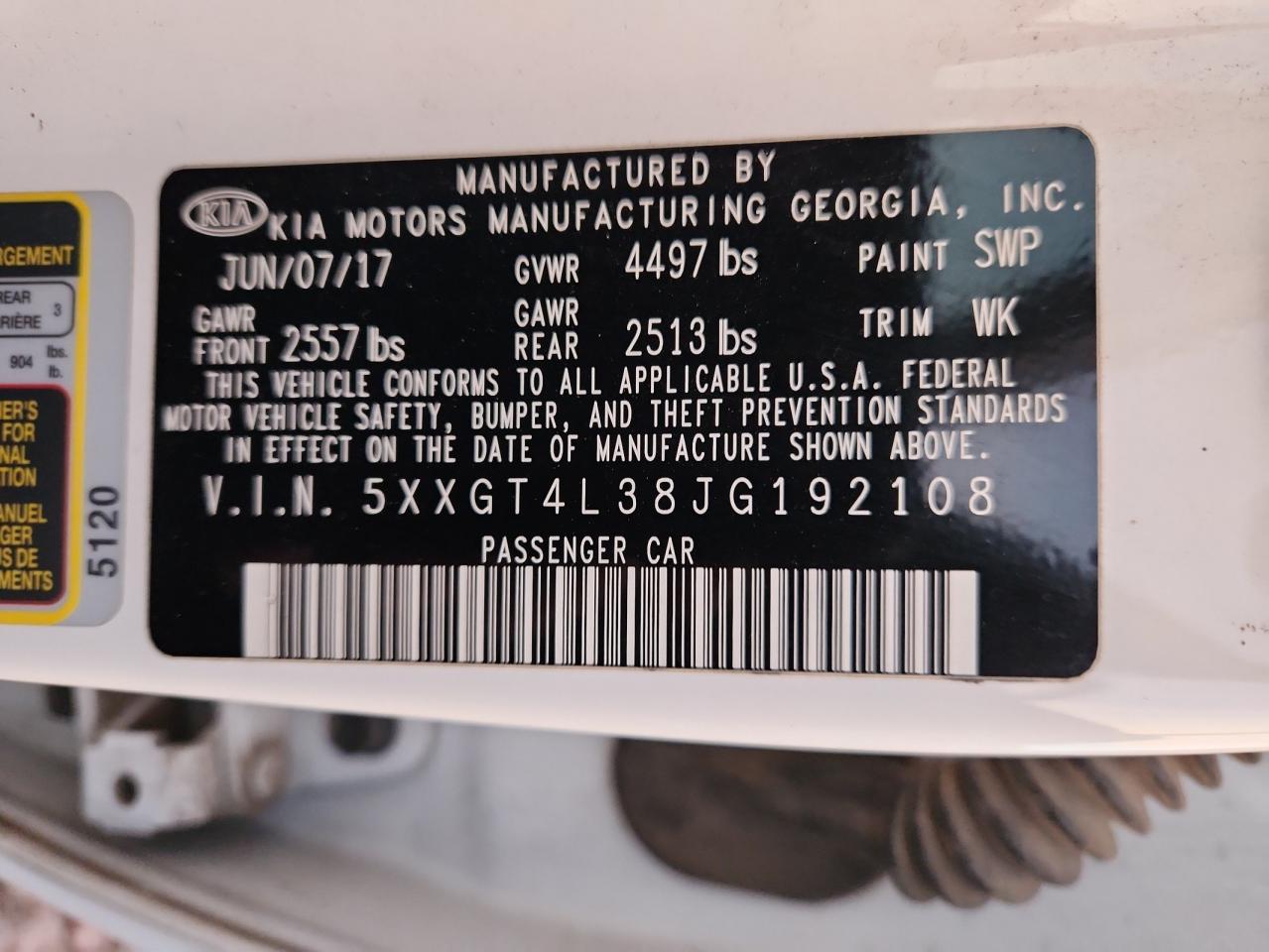 2018 Kia Optima Lx VIN: 5XXGT4L38JG192108 Lot: 91701955