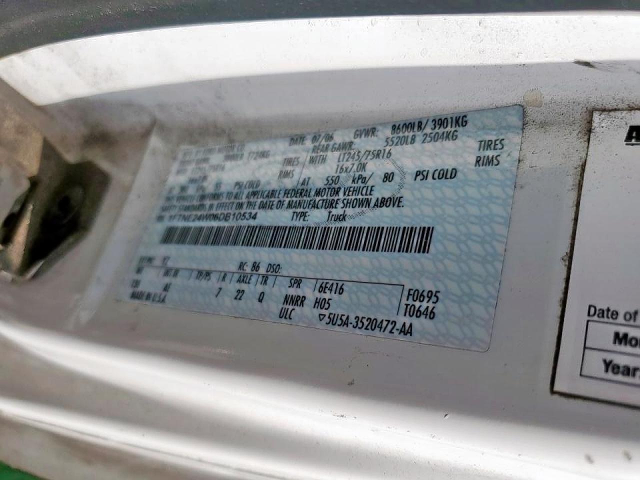 2006 Ford E250 Delivery Van VIN: 1FTNE24W06DB10534 Lot: 91116845