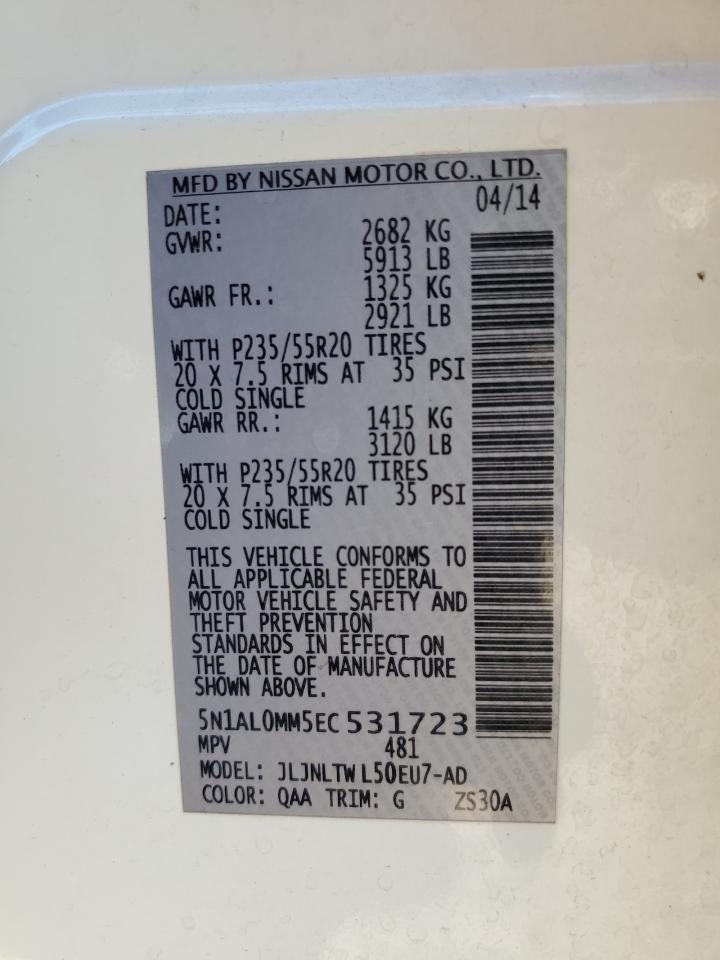 2014 Infiniti Qx60 VIN: 5N1AL0MM5EC531723 Lot: 92842955