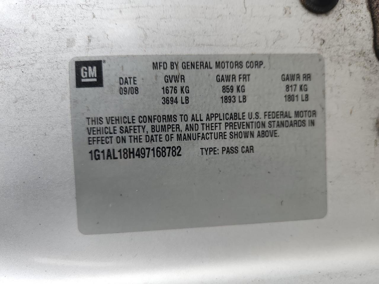 2009 Chevrolet Cobalt Lt VIN: 1G1AL18H497168782 Lot: 92005215