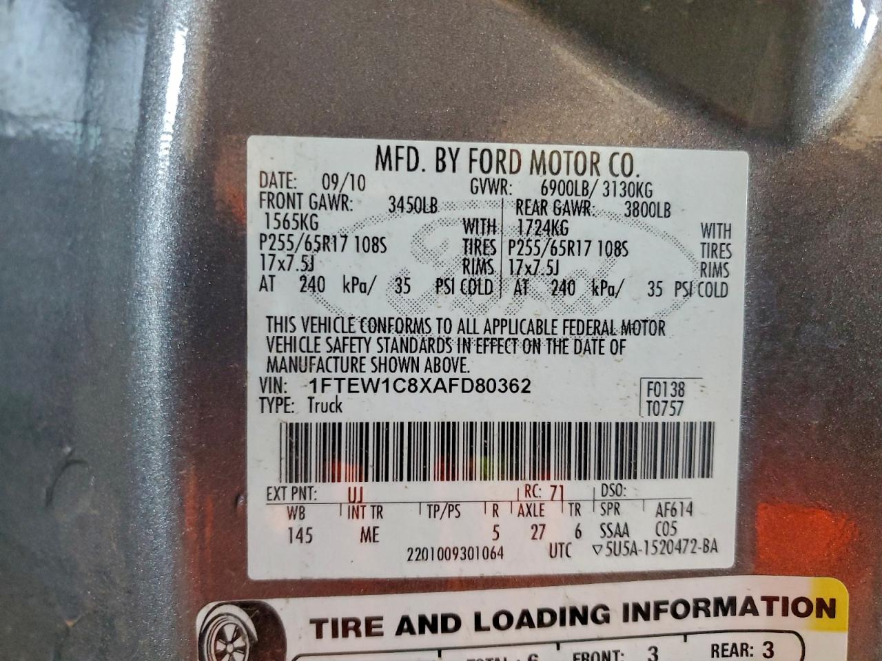 2010 Ford F150 Supercrew VIN: 1FTEW1C8XAFD80362 Lot: 94421965