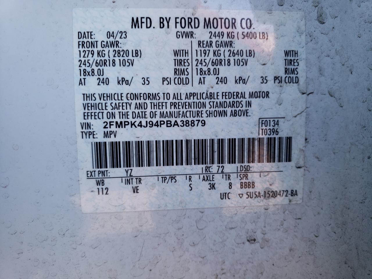 2023 Ford Edge Sel VIN: 2FMPK4J94PBA38879 Lot: 93151665