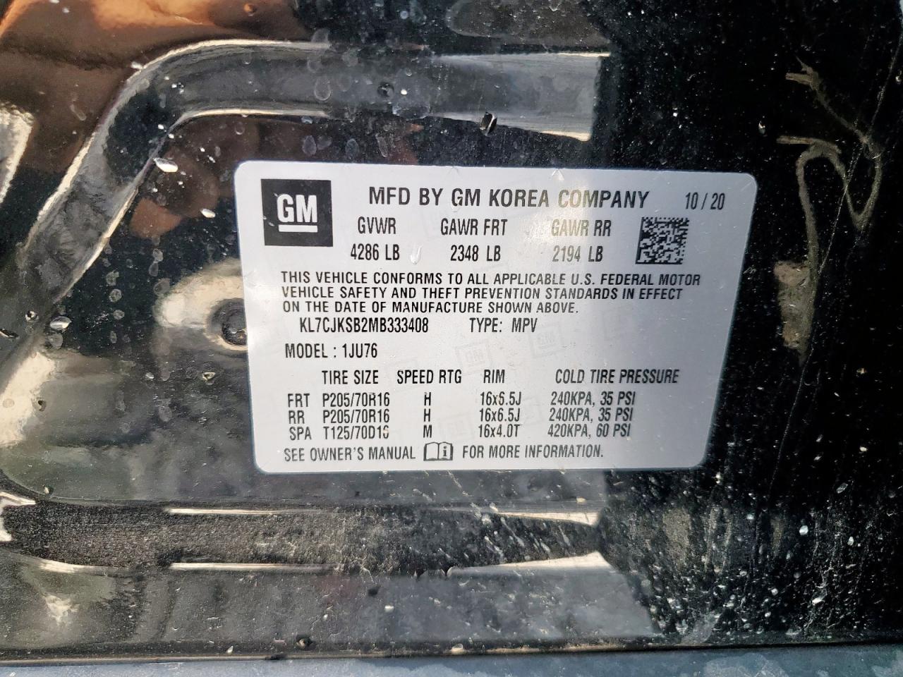 2021 Chevrolet Trax Ls VIN: KL7CJKSB2MB333408 Lot: 93673865