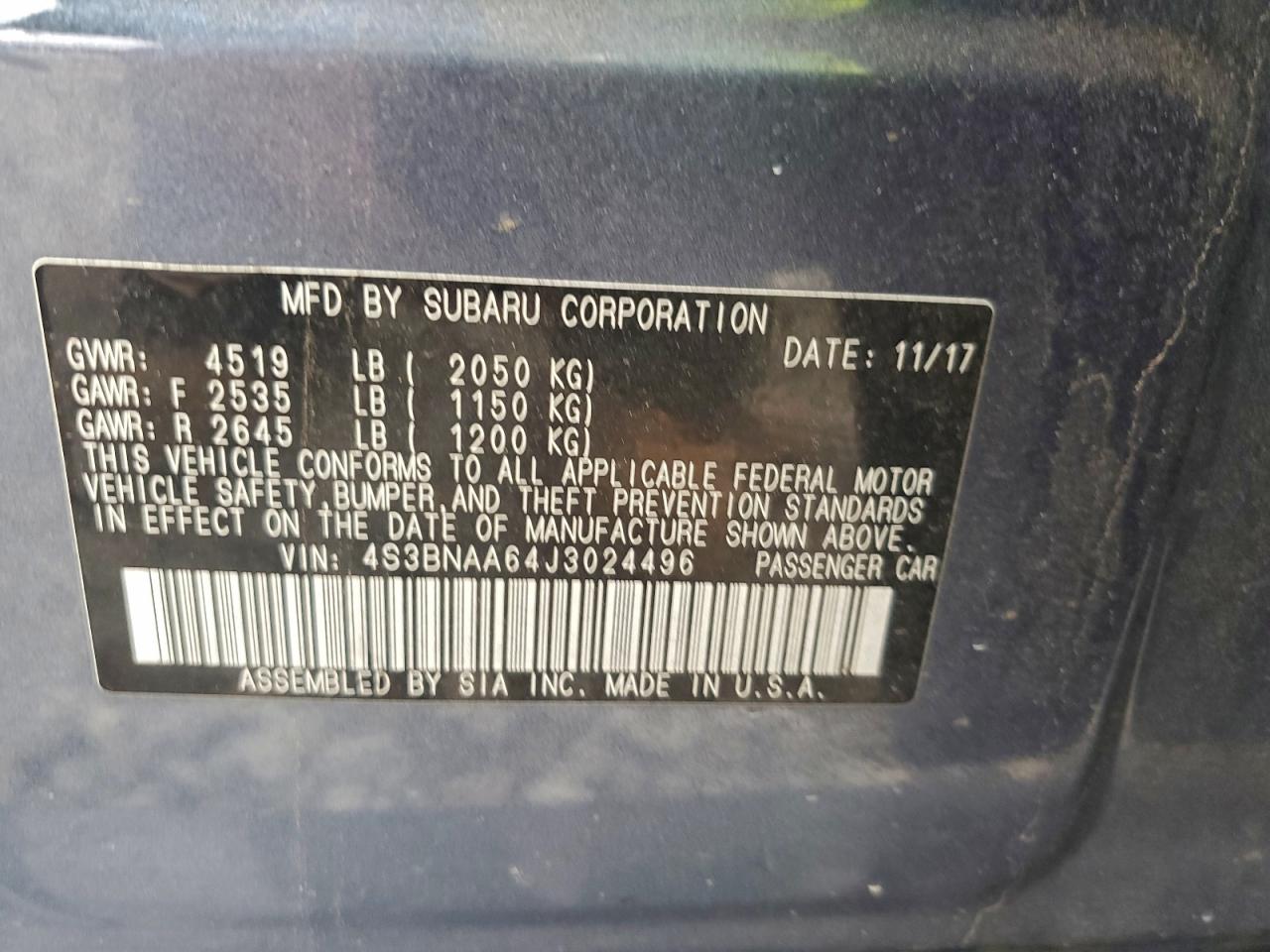 2018 Subaru Legacy 2.5I VIN: 4S3BNAA64J3024496 Lot: 93274315