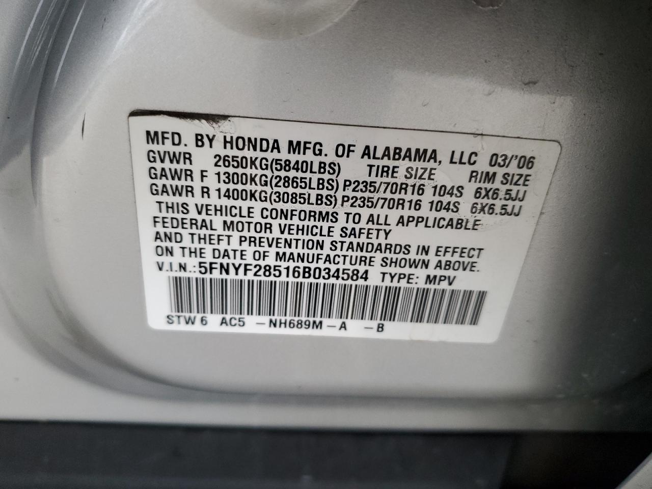 2006 Honda Pilot Ex VIN: 5FNYF28516B034584 Lot: 94088675