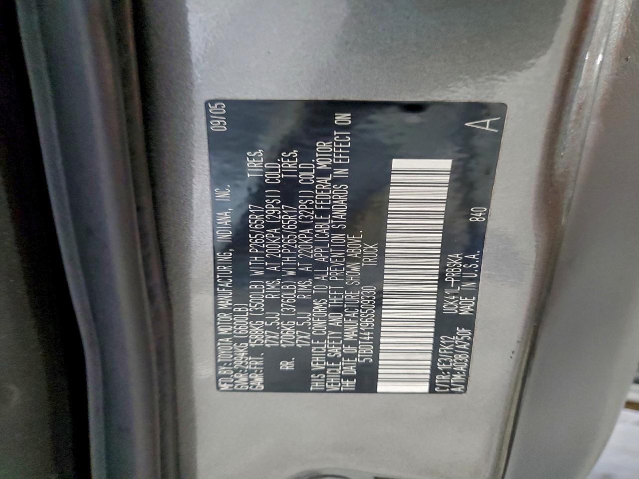 2006 Toyota Tundra Double Cab Sr5 VIN: 5TBDT44196S509330 Lot: 94325485