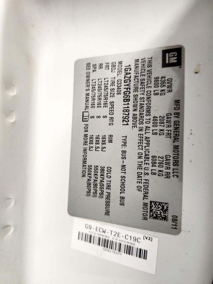 2011 Chevrolet Express G3500 Lt VIN: 1GAZGYFG6B1187921 Lot: 92722045