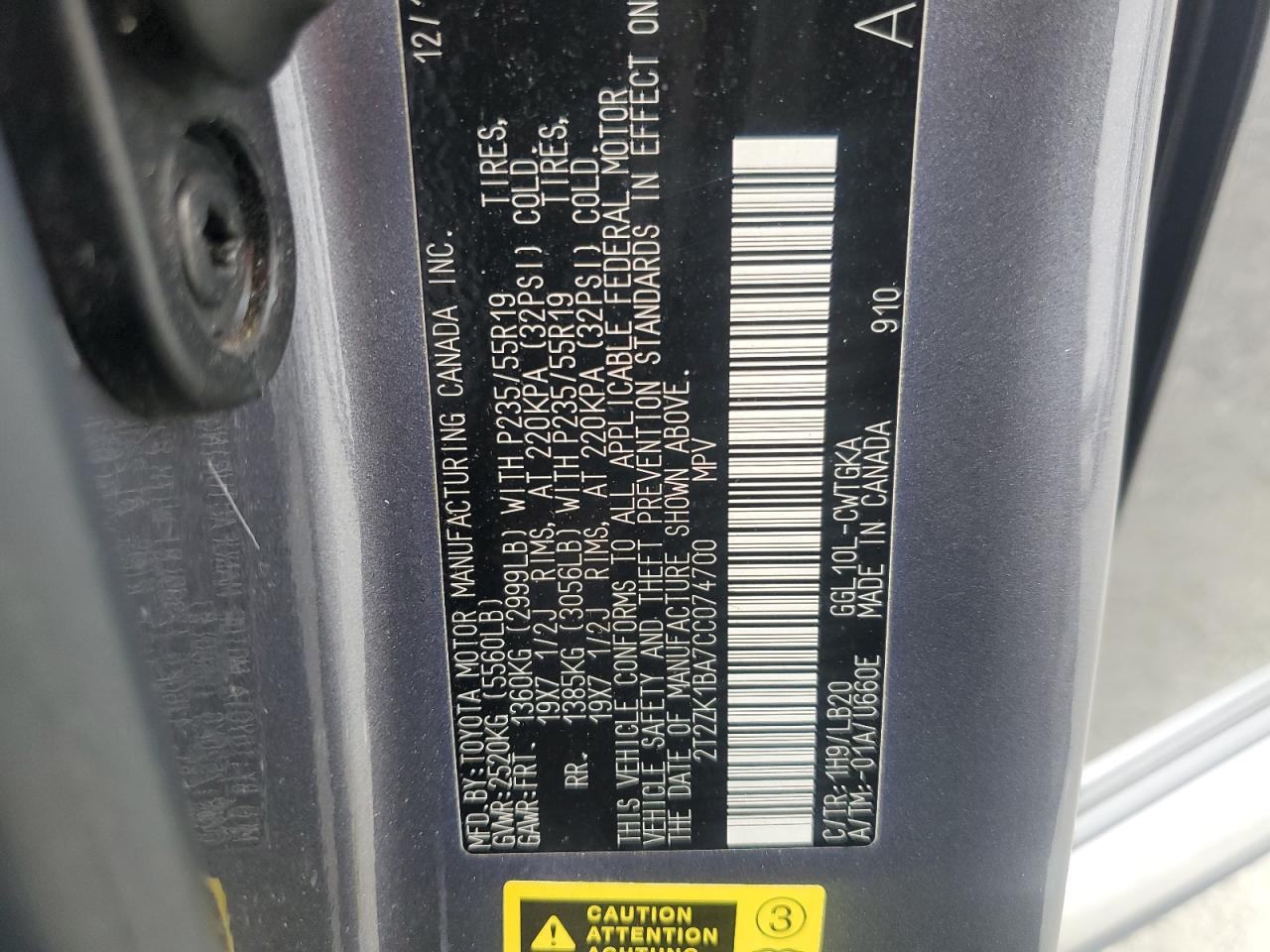 2012 Lexus Rx 350 VIN: 2T2ZK1BA7CC074700 Lot: 91020365