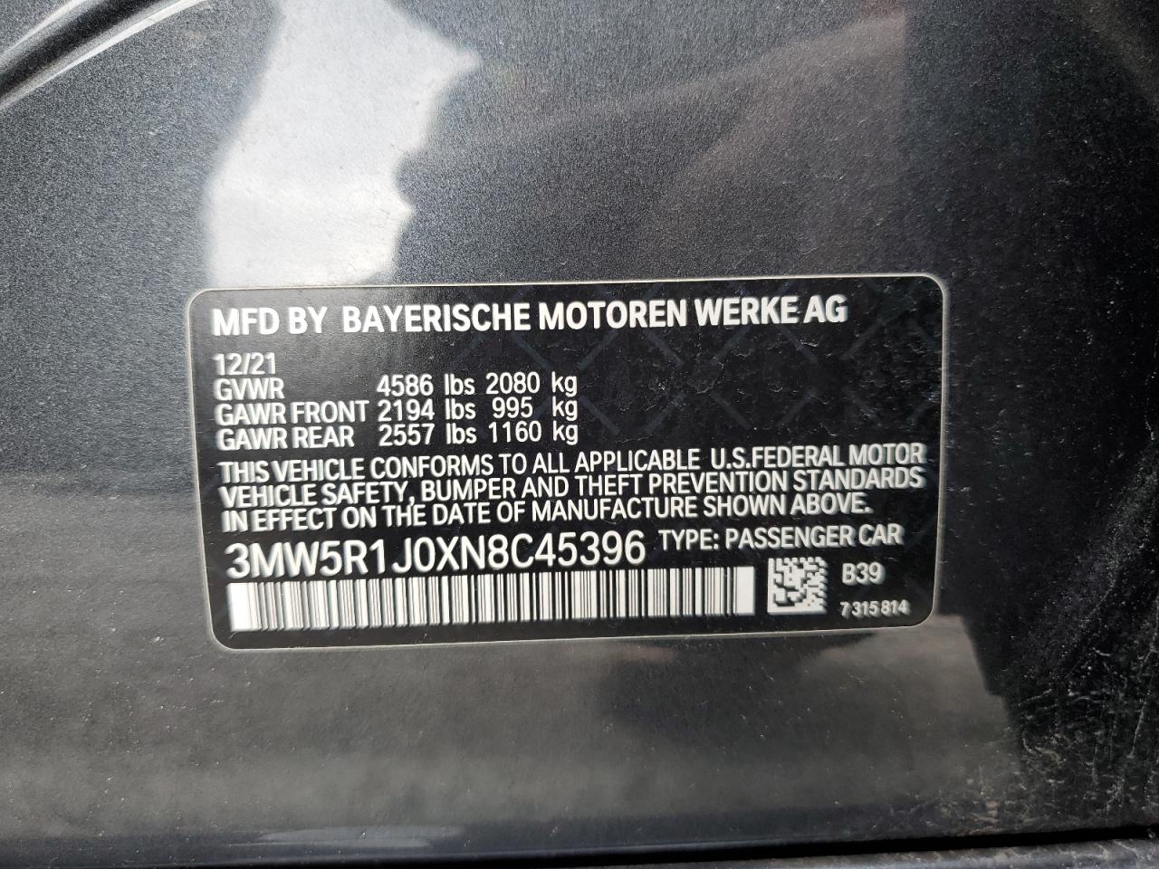 2022 BMW 330I VIN: 3MW5R1J0XN8C45396 Lot: 93279945