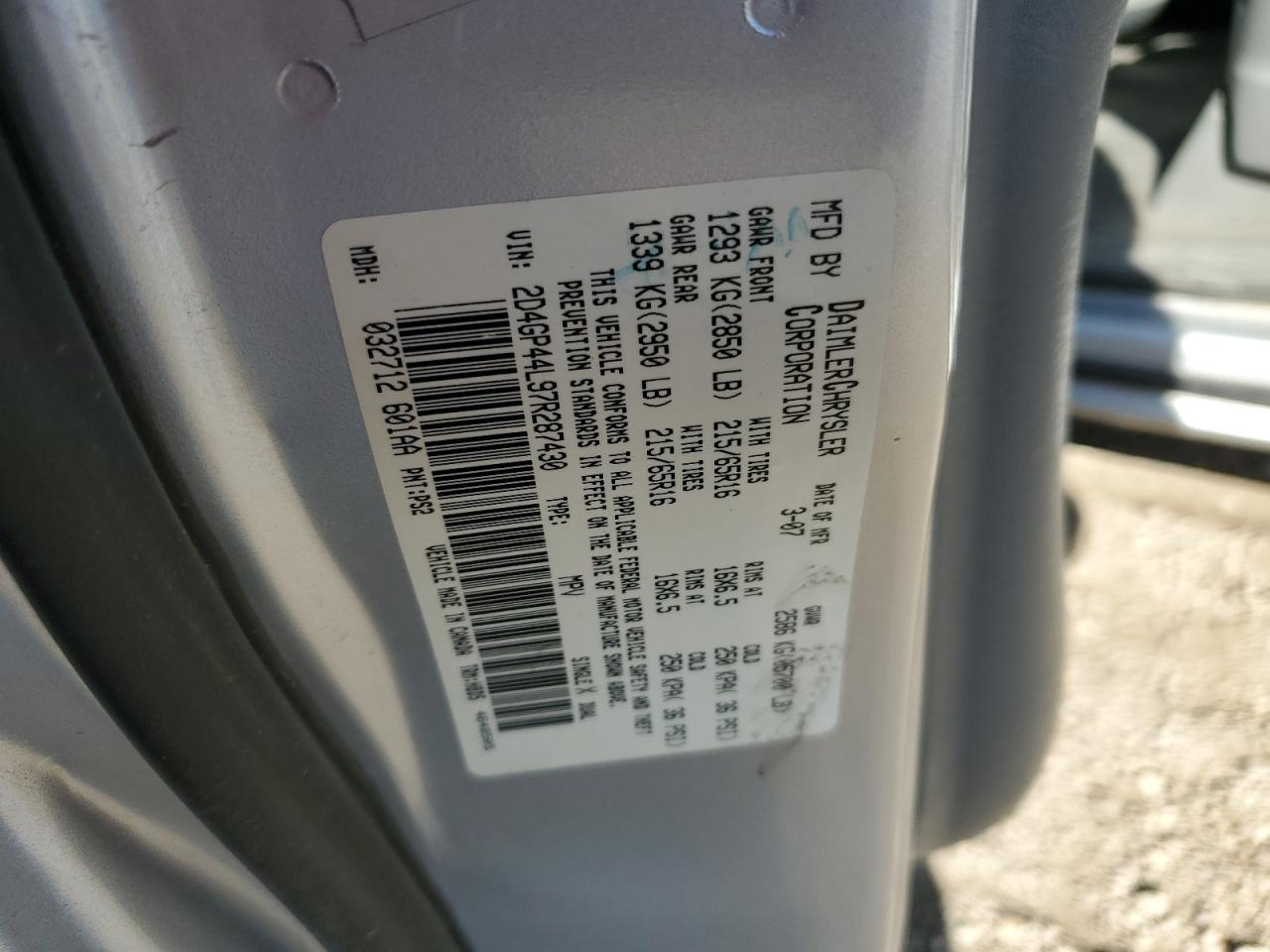 2007 Dodge Grand Caravan Sxt VIN: 2D4GP44L97R287430 Lot: 92248255