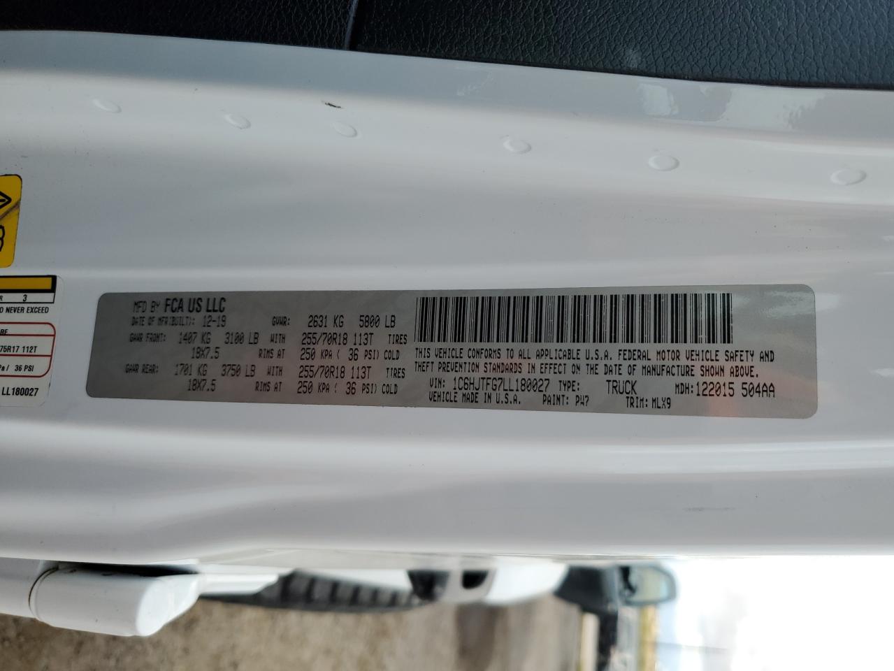 2020 Jeep Gladiator Overland VIN: 1C6HJTFG7LL180027 Lot: 93207625