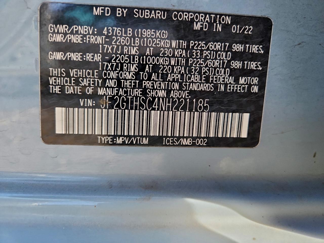 2022 Subaru Crosstrek Sport VIN: JF2GTHSC4NH221185 Lot: 94196125