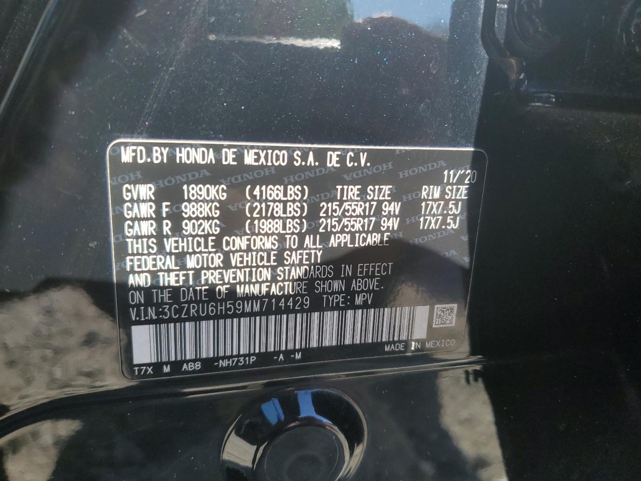 2021 Honda Hr-V Ex VIN: 3CZRU6H59MM714429 Lot: 91378075