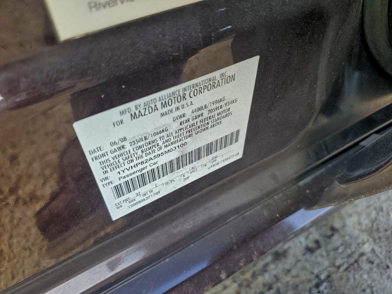 2009 Mazda 6 I VIN: 1YVHP82A595M03100 Lot: 93892445