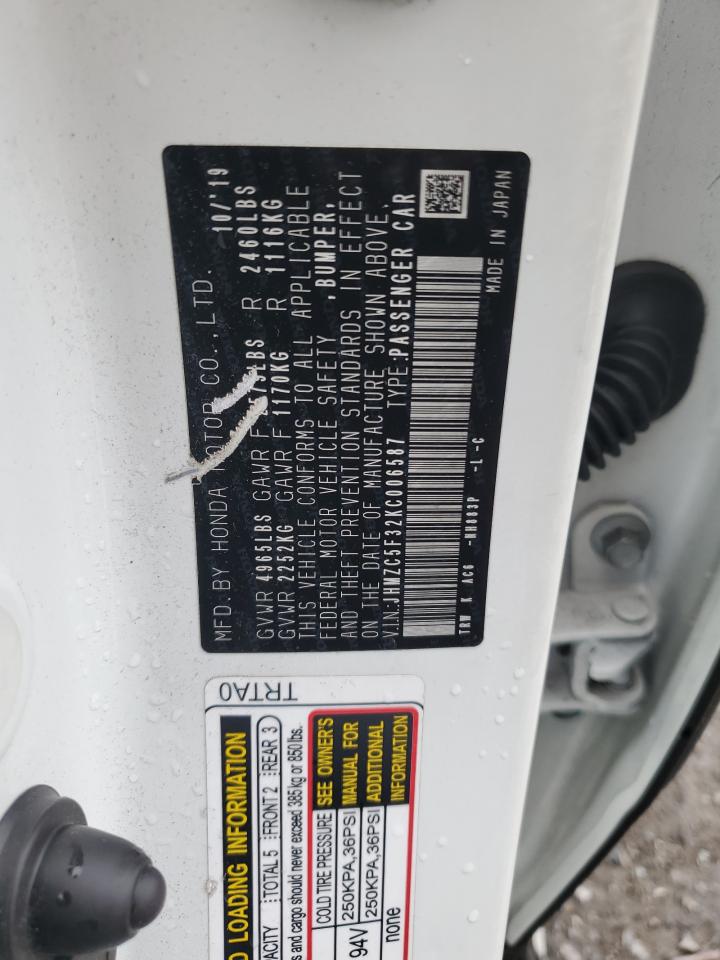 2019 Honda Clarity Touring VIN: JHMZC5F32KC006587 Lot: 93633005