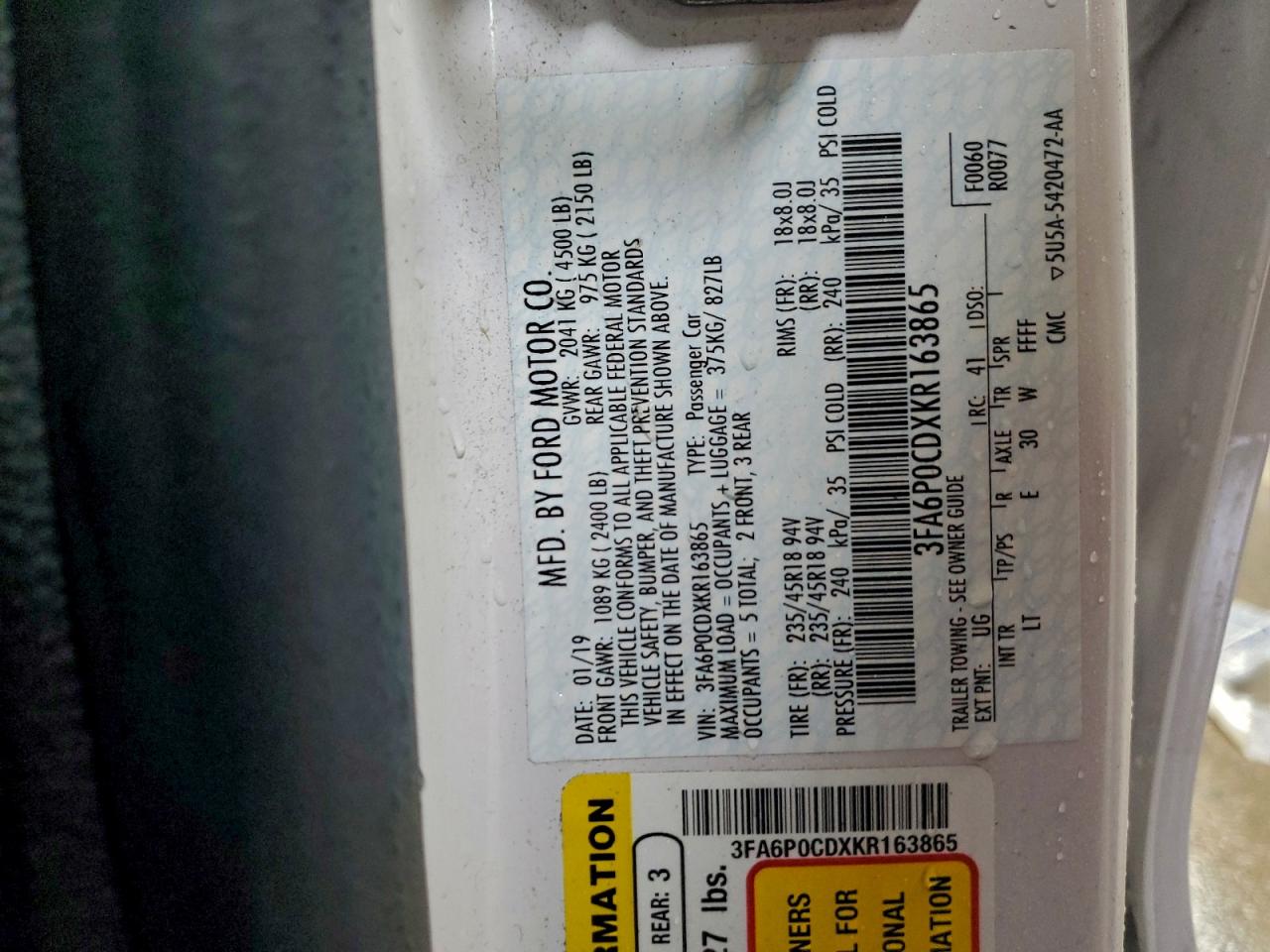 2019 Ford Fusion Sel VIN: 3FA6P0CDXKR163865 Lot: 94070485