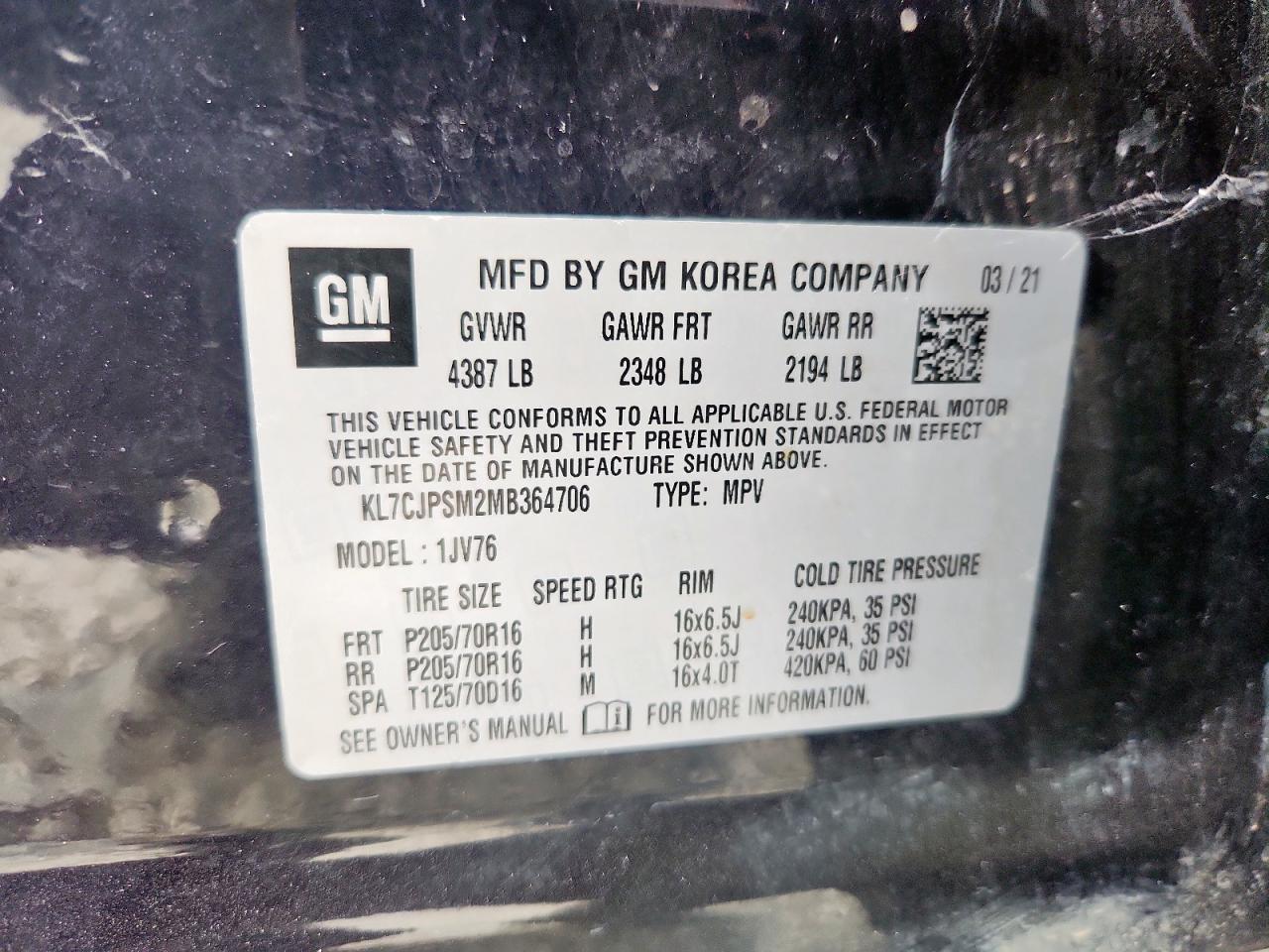 2021 Chevrolet Trax 1Lt VIN: KL7CJPSM2MB364706 Lot: 82775415