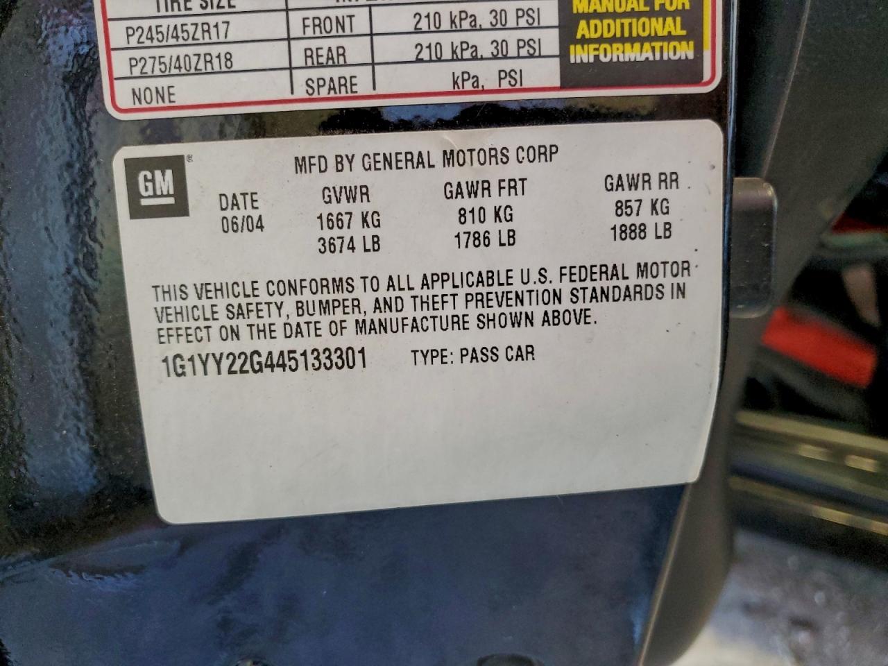 2004 Chevrolet Corvette VIN: 1G1YY22G445133301 Lot: 94090805