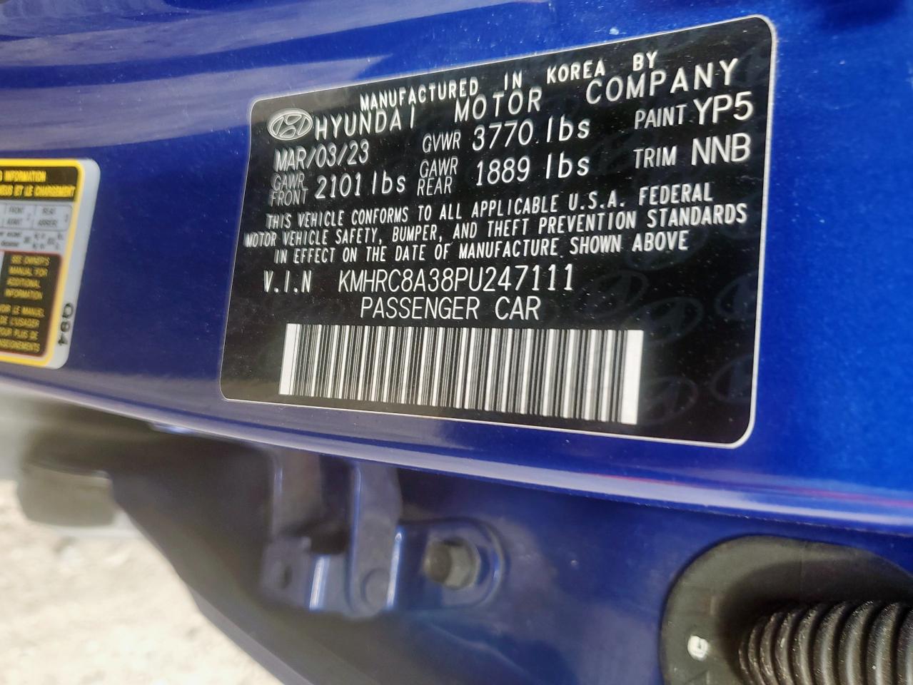 2023 Hyundai Venue Sel VIN: KMHRC8A38PU247111 Lot: 92240795