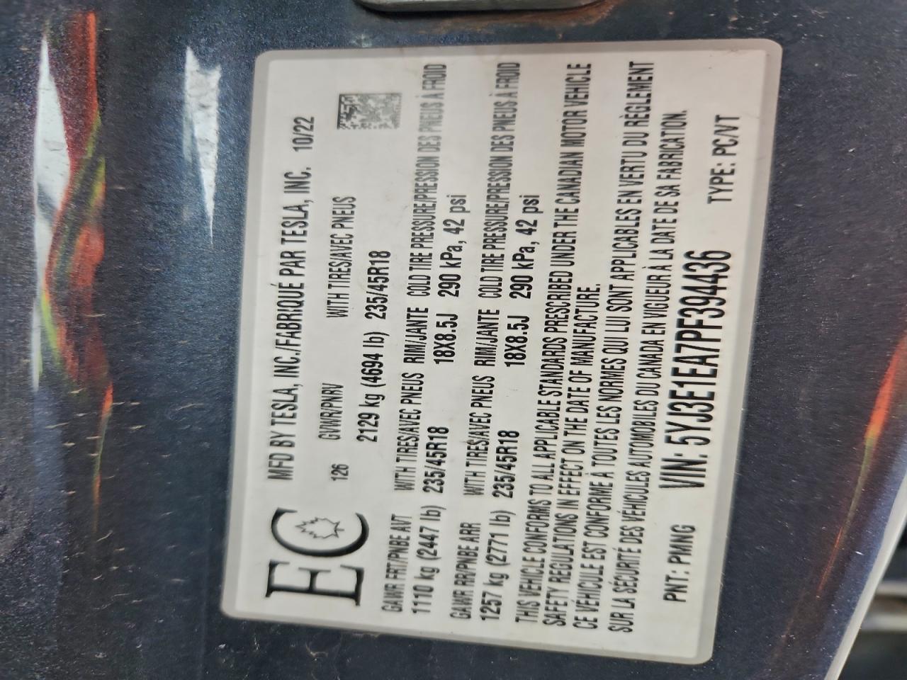 2023 Tesla Model 3 VIN: 5YJ3E1EA7PF394436 Lot: 93985855