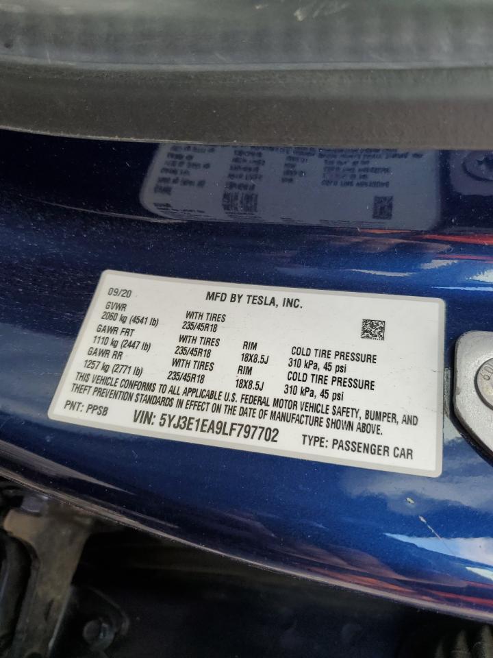 2020 Tesla Model 3 VIN: 5YJ3E1EA9LF797702 Lot: 92700985