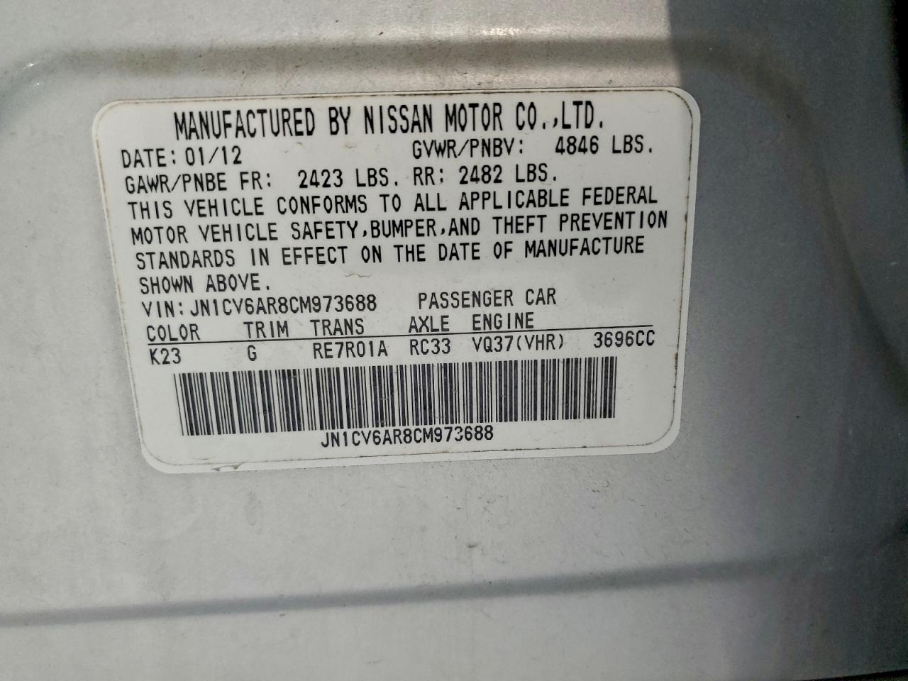 2012 Infiniti G37 VIN: JN1CV6AR8CM973688 Lot: 94193665