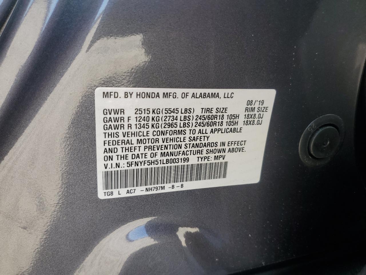 2020 Honda Pilot Exl VIN: 5FNYF5H51LB003199 Lot: 90525975
