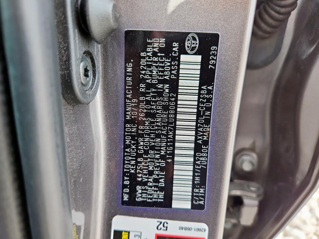 2020 Toyota Camry Se VIN: 4T1G11AK7LU880642 Lot: 93523445